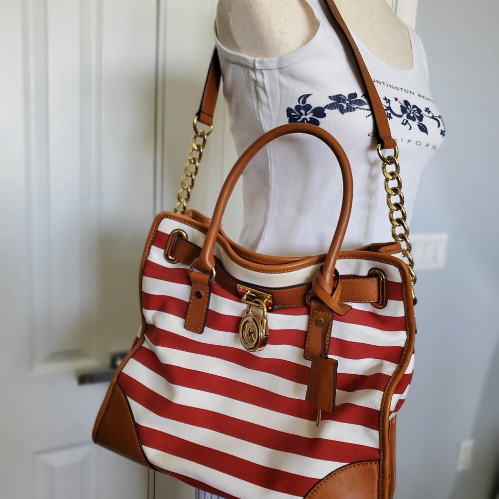 NWOT -Michael Kors Hamilton Red & White Striped Nautical Satchel Gold Lock & Key